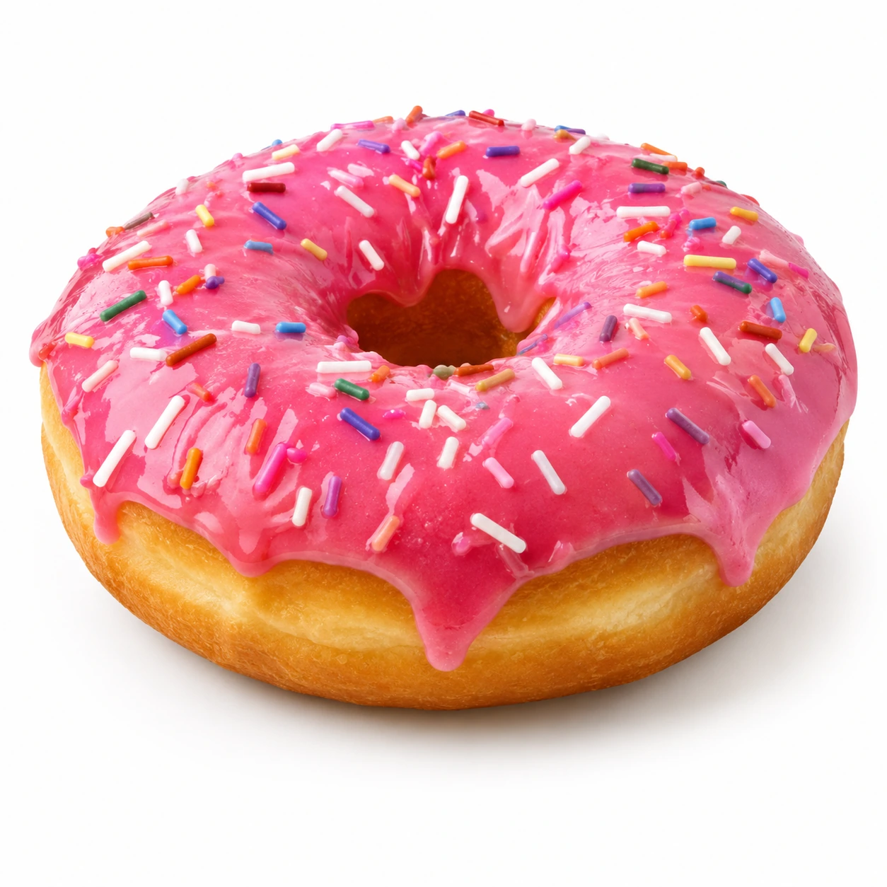 Pink strawberry-iced doughnut with rainbow sprinkles